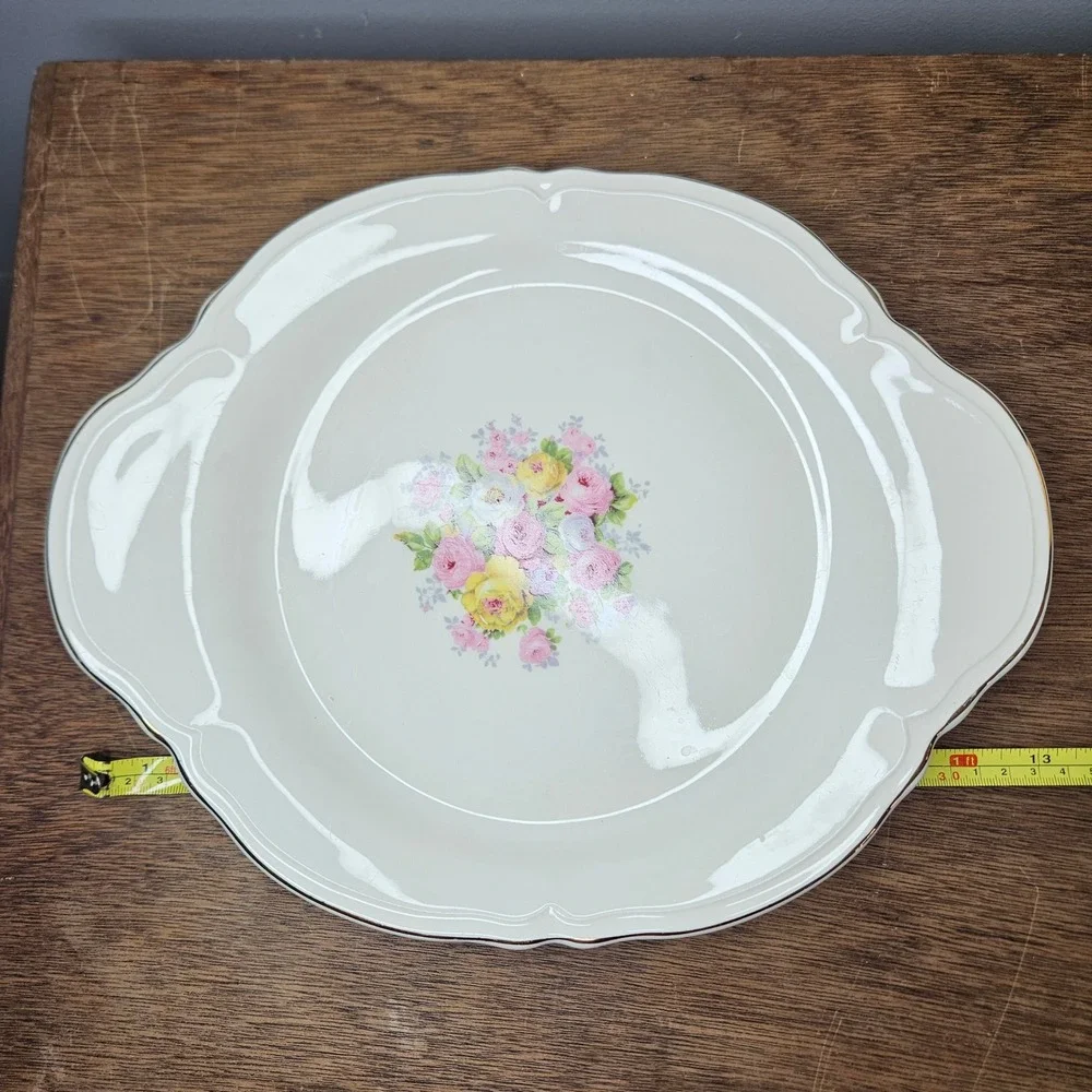 Edwin M Knowles China Floral Serving Platter Tab Handles Scalloped Gold Trim 12